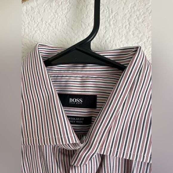 Men’s Hugo Boss Pink Grey Striped long Sleeve Button Down Shirt Medium - Picture 2 of 4
